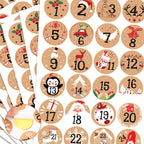 Howaf 192Pcs Christmas Advent Stickers 1-24 Christmas Number Stickers Round Kraft Christmas Countdown Stickers Diy Advent Calend