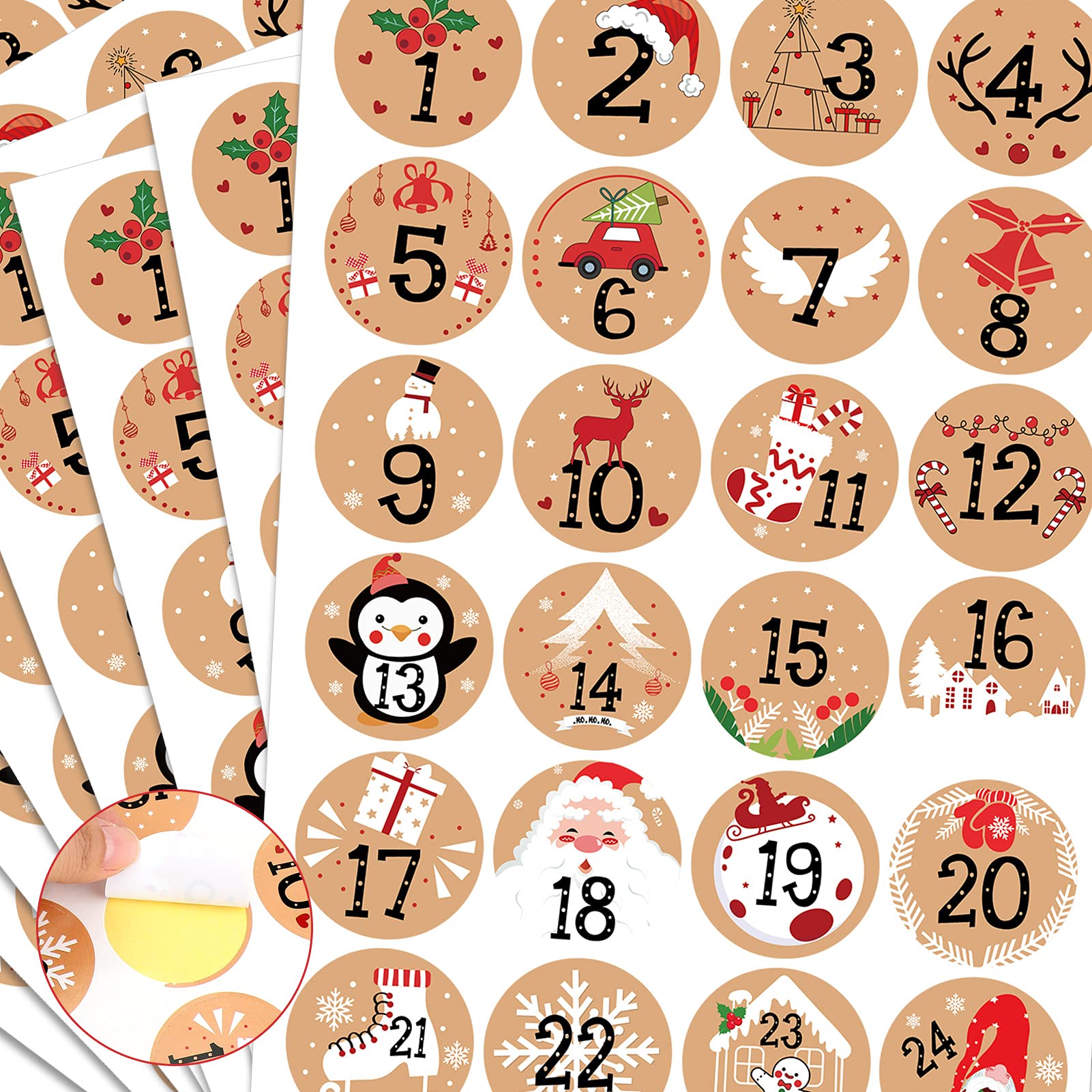 Howaf 192Pcs Christmas Advent Stickers 1-24 Christmas Number Stickers Round Kraft Christmas Countdown Stickers Diy Advent Calend
