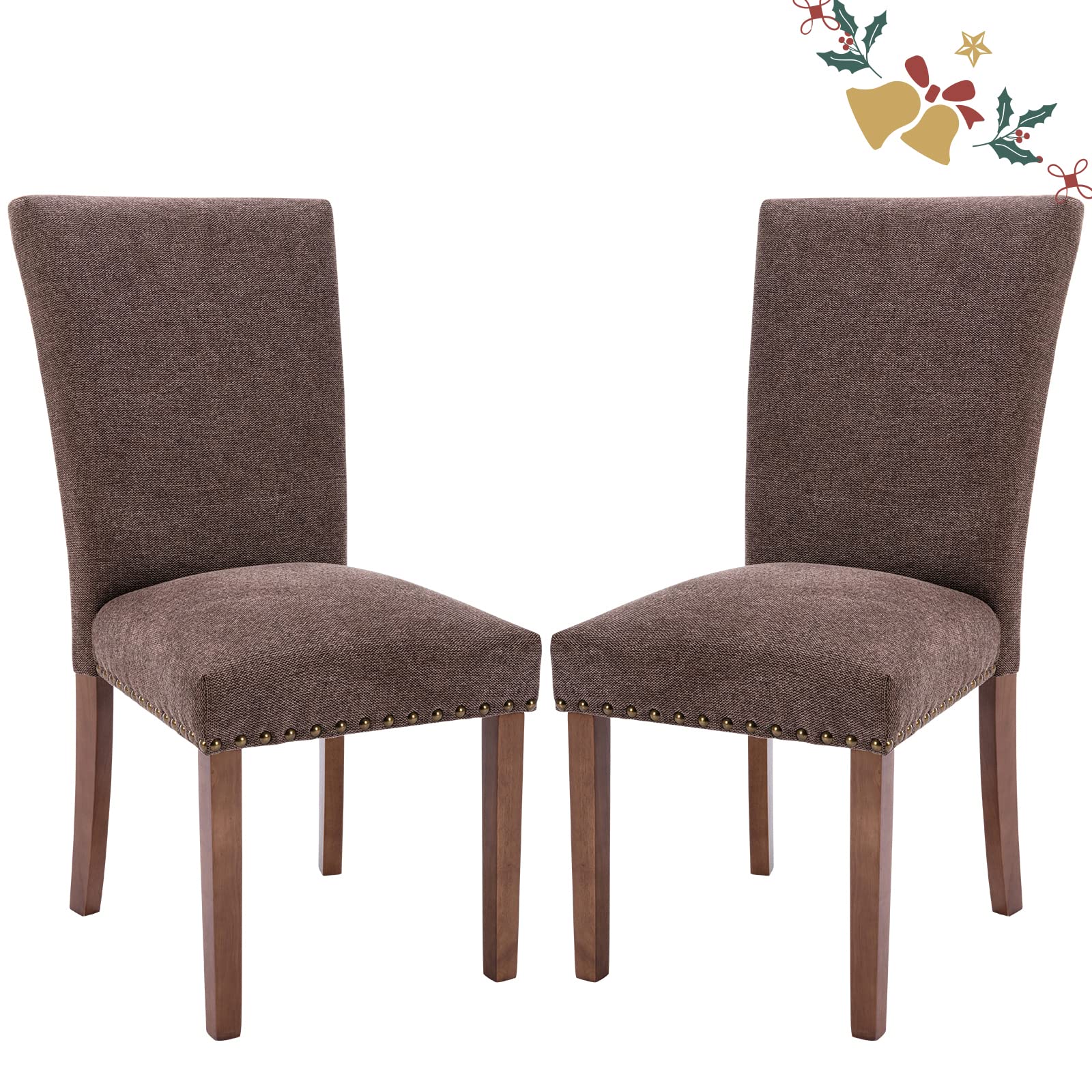Parsons Dining Chairs Set of 2, Upholstered Nailhead Dining Room Kitchen Side Chair with Thick Cushions and Wood Legs, Brown