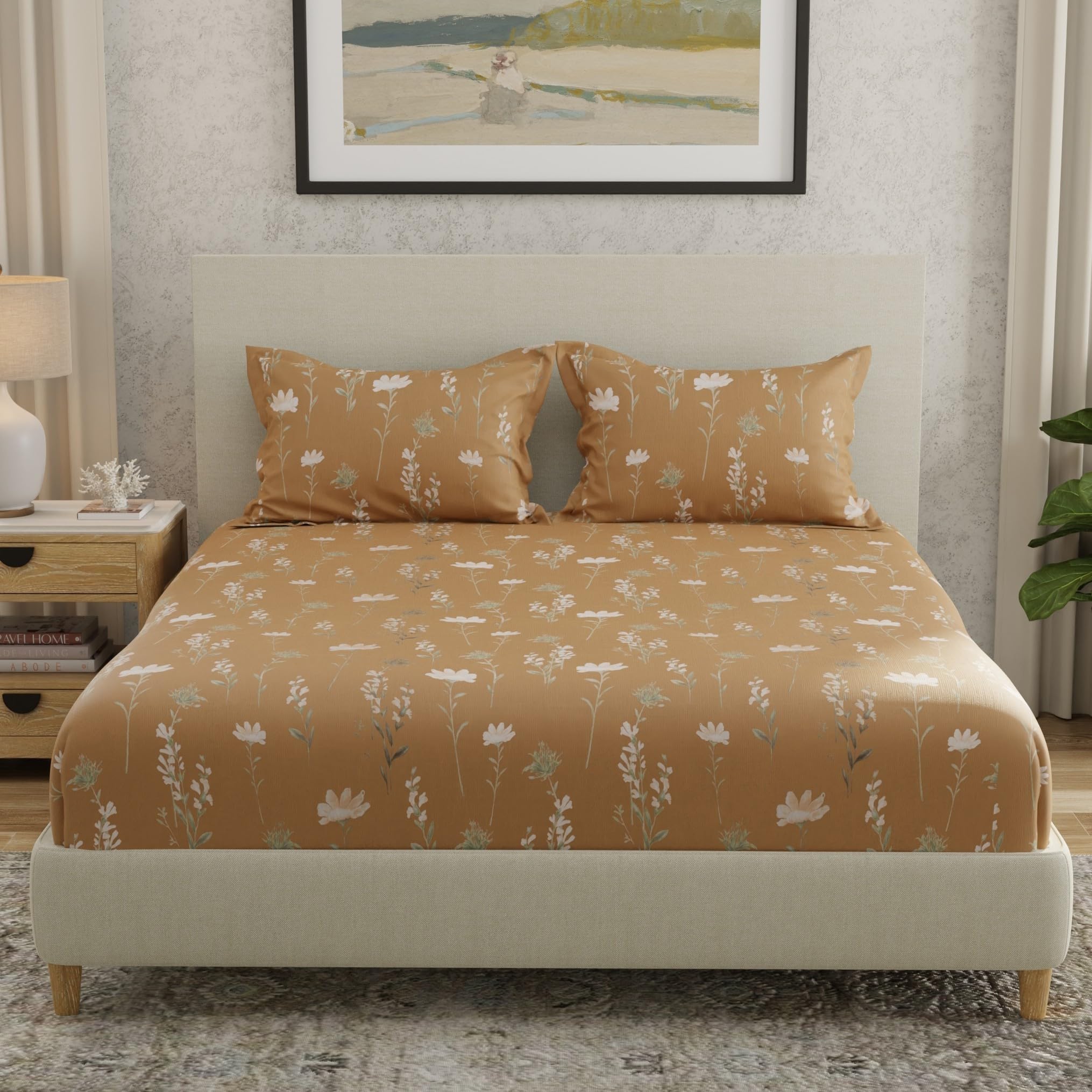 Huesland By Ahmedabad Cotton 144 Tc Double Bedsheet Cotton With 2 Pillow Covers | Tangerine Orange, White & Grey