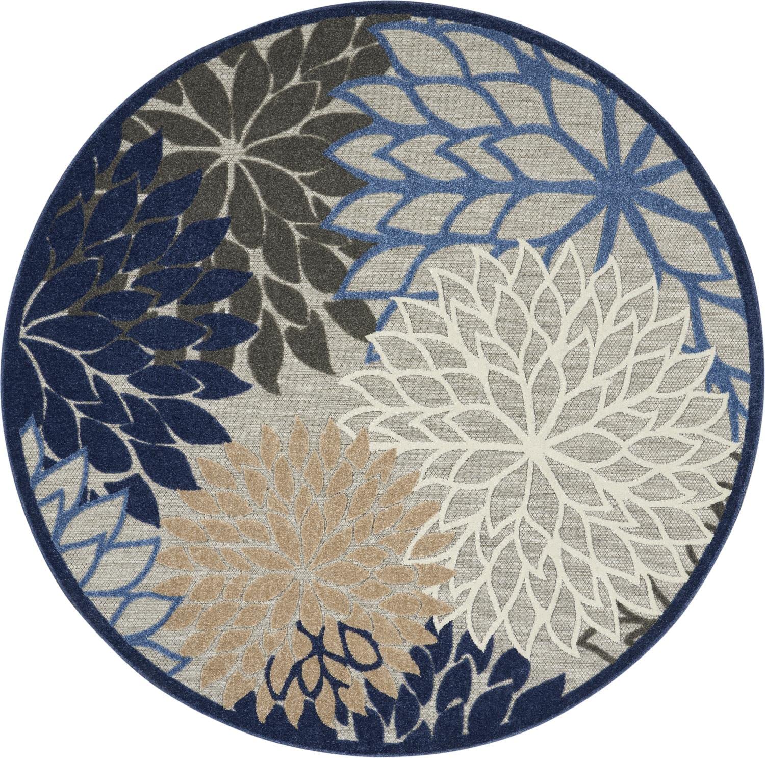 Nourison Aloha Indoor/Outdoor Blue/Multicolor 7'10' X Round Area Rug, Tropical, Botanical, Easy Cleaning, Non Shedding, Bed Roo