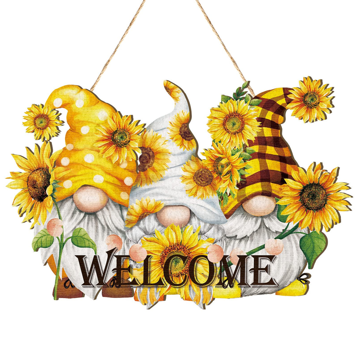 Sunflower Welcome Wood Door Hanger Wooden Gnome Sign Farmhouse Wall Porch Art Summer Fall Front Door Wreath Hanging for Bedroom 