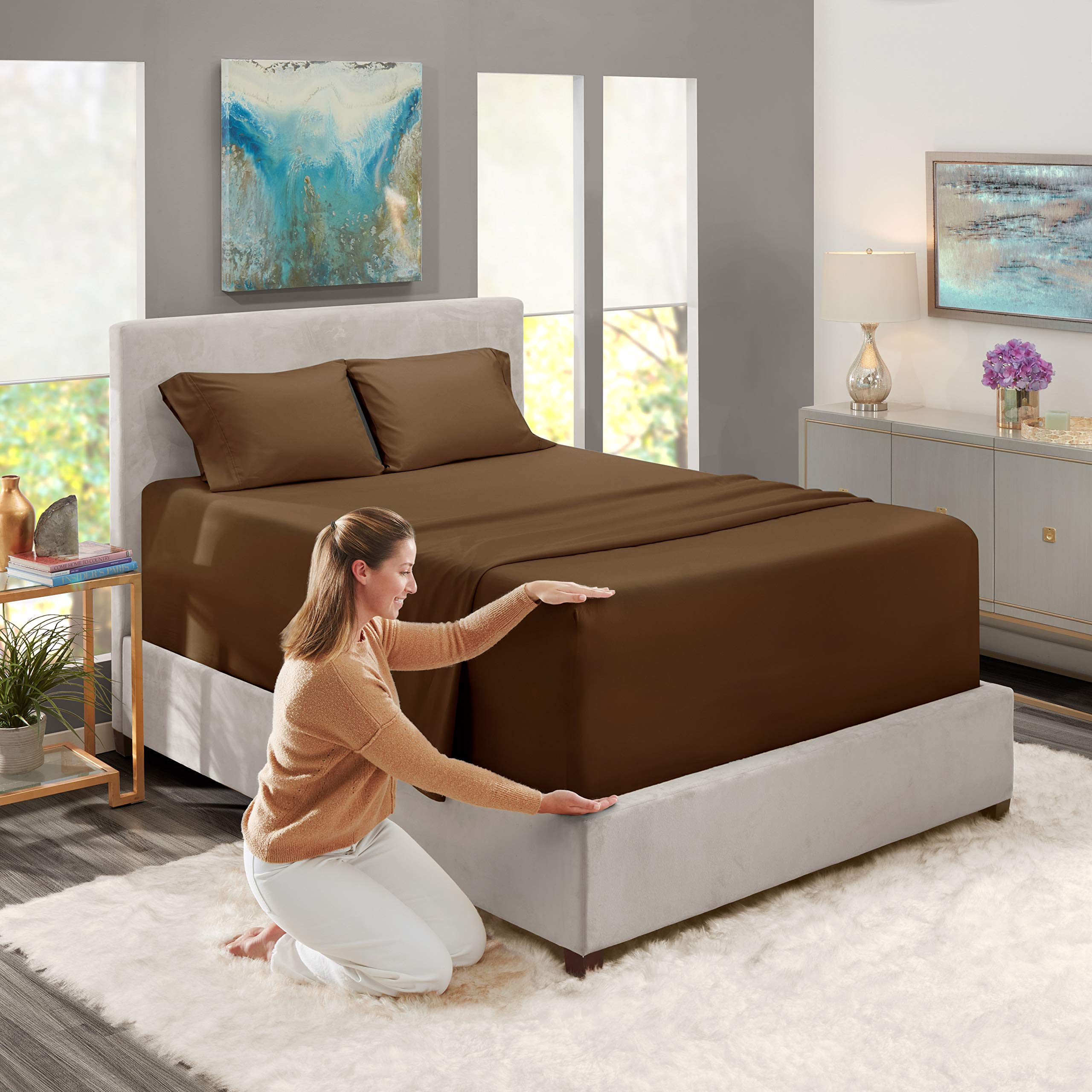 Nestl Extra Deep Pocket Sheets - Fits Mattress 18-24 Inches Deep, Extra Deep Pocket Twin Xl Sheets Sets, 4 Piece Twin Xl Size Sheets, Twin Xl Sheets Deep Pocket, Chocolate Brown Sheets