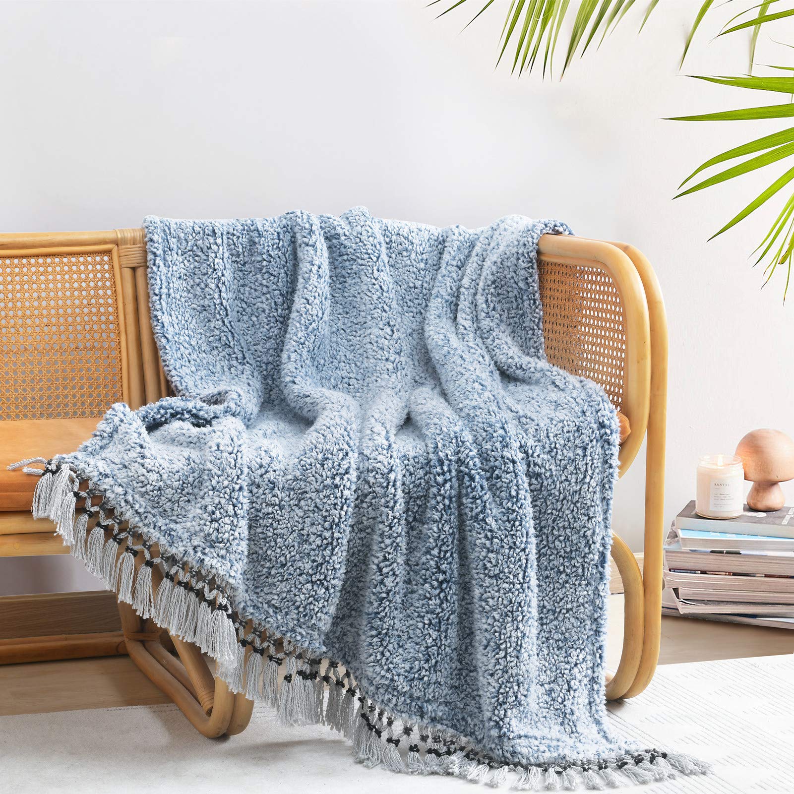 Ultra Soft Cozy Sherpa Throw Blanket, Light Weight Warm Decorative Throw Blanket With Tassel, 2 Tones Ombre Navy Blue Pattern Re
