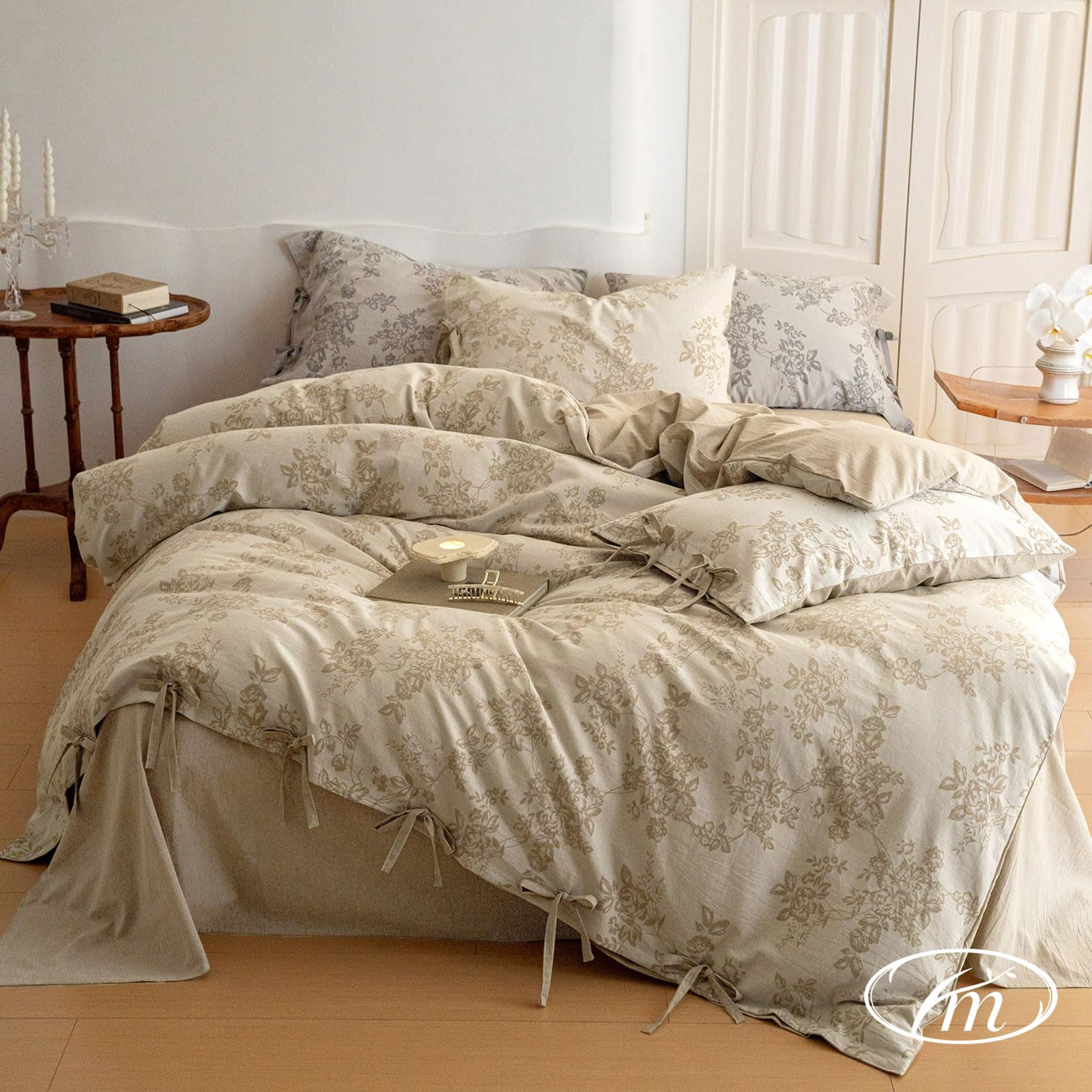 VM VOUGEMARKET Garden Floral Duvet Cover Queen,3 Pcs Yarn-Dyed Jacquard Textured Duvet Cover with Bowknot Retro Monet Style Bedd