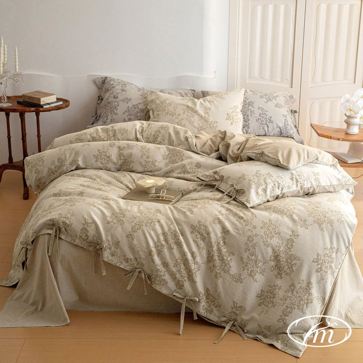 VM VOUGEMARKET Linen Cotton Duvet Cover Set King Retro Monet Flower Bedding Set,Jacquard Yarn-Dyed Textured Comforter Cover with