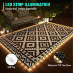 Haushof 5'X8' Outdoor Rug Waterproof With Led Strip Light, Reversible Outdoor Plastic Straw Rug, Patio Rug With 4 Rug Stakes, Outdoor Carpet Mat For Rv, Camping, Beach, Porch, Balcony, Black&White