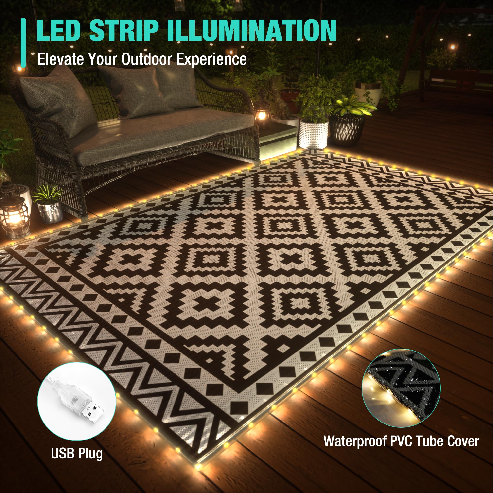Haushof 5'X8' Outdoor Rug Waterproof With Led Strip Light, Reversible Outdoor Plastic Straw Rug, Patio Rug With 4 Rug Stakes, Outdoor Carpet Mat For Rv, Camping, Beach, Porch, Balcony, Black&White