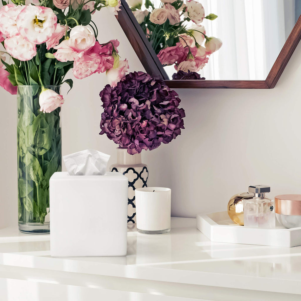 Bunusual White Tissue Box Cover - Modern Tissue Holder, Lacquer High Gloss Finish & Rounded Edges - Cube Square Box. Bathroom, D