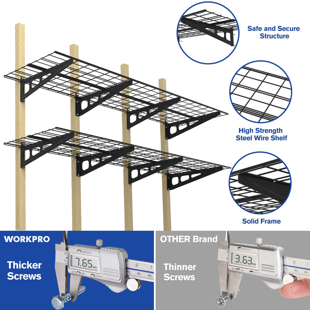 Workpro 2-Pack 2X6Ft Garage Wall Shelving, 72” X 24” Heavy Duty Wall Mounted Shelving, 800Lbs Load Capacity (Total), Metal Wall Shelves Suitable For Shop, Shed, Garage Storage, Black, 1 Sets