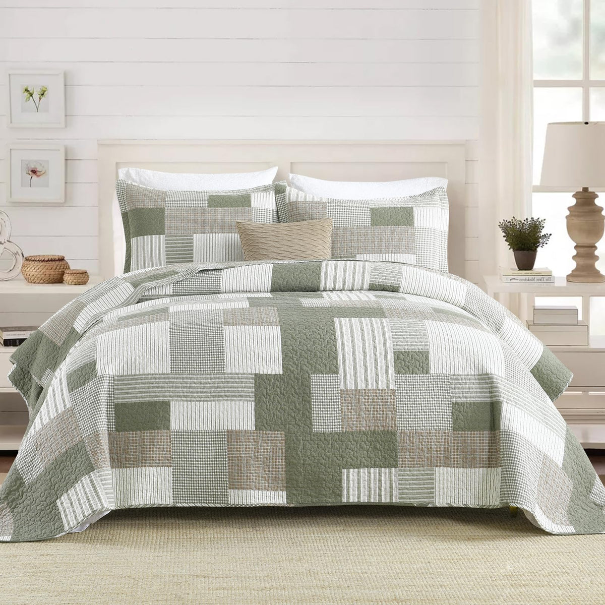 Sahsahcasa Quilt King Size, King Quilt Set, 100% Cotton King Quilt Bedding Set Bedspreads, Farmhouse Patchwork Quilt, Plaid Reve