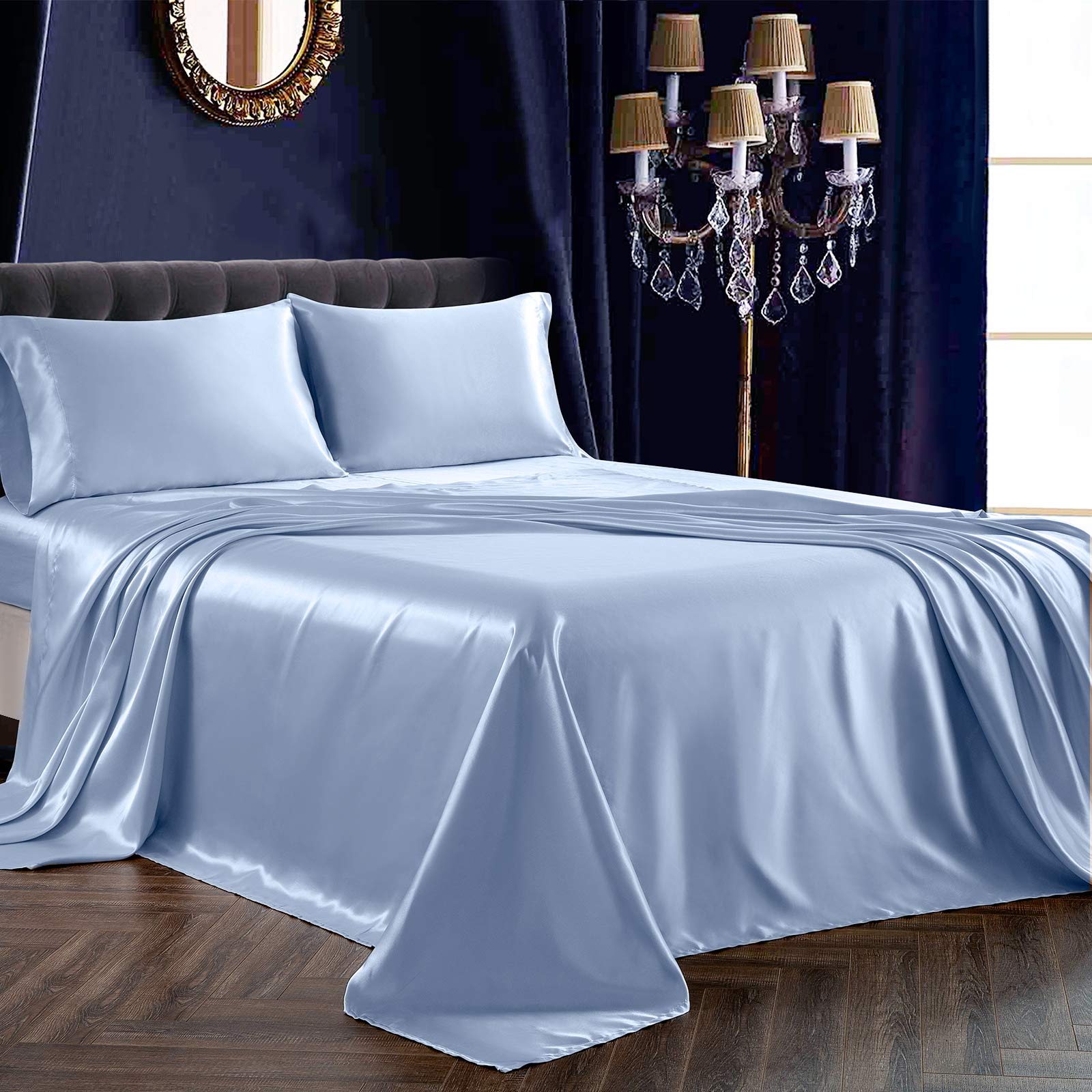 Siinvdabzx 4Pcs Satin Sheet Set King Size Ultra Silky Soft Baby Blue Satin King Bed Sheets With Deep Pocket, 1 Fitted Sheet, 1 F