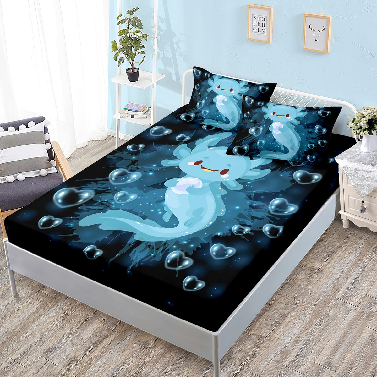 Hosima Axolotl Bedding Set Blue Axolotl Pattern Kawaii Fitted Sheet Set Twin Size For Kids Bedroom Decor,1 Fitted Sheet+2 Pillow