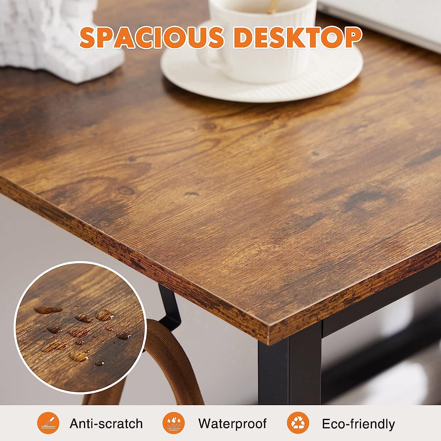 Sweetcrispy Computer Desk 40-Inch Rustic Brown Metal Office Table with Headphone Hooks & Storage Bag, Model GDFZ01-90