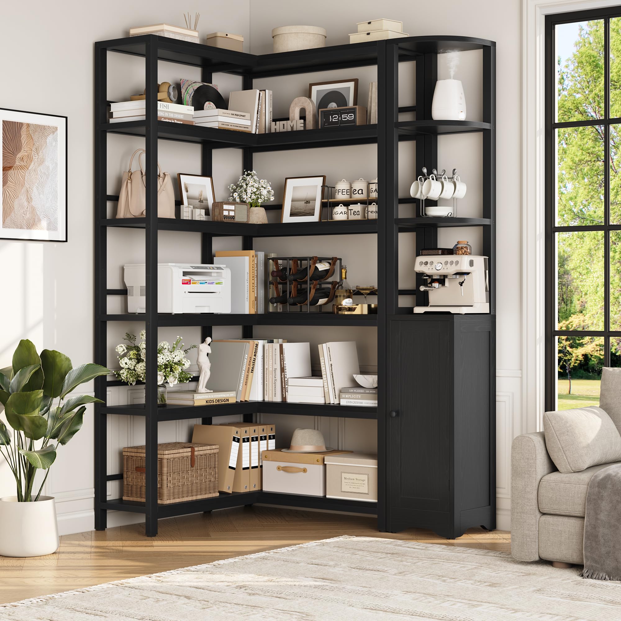 Keyluv Black Corner Bookshelf 72 Tall Corner Book Shelves Cases 2 Pieces Open Bookcase Large Storage Display Shelf Standing 6 Ti