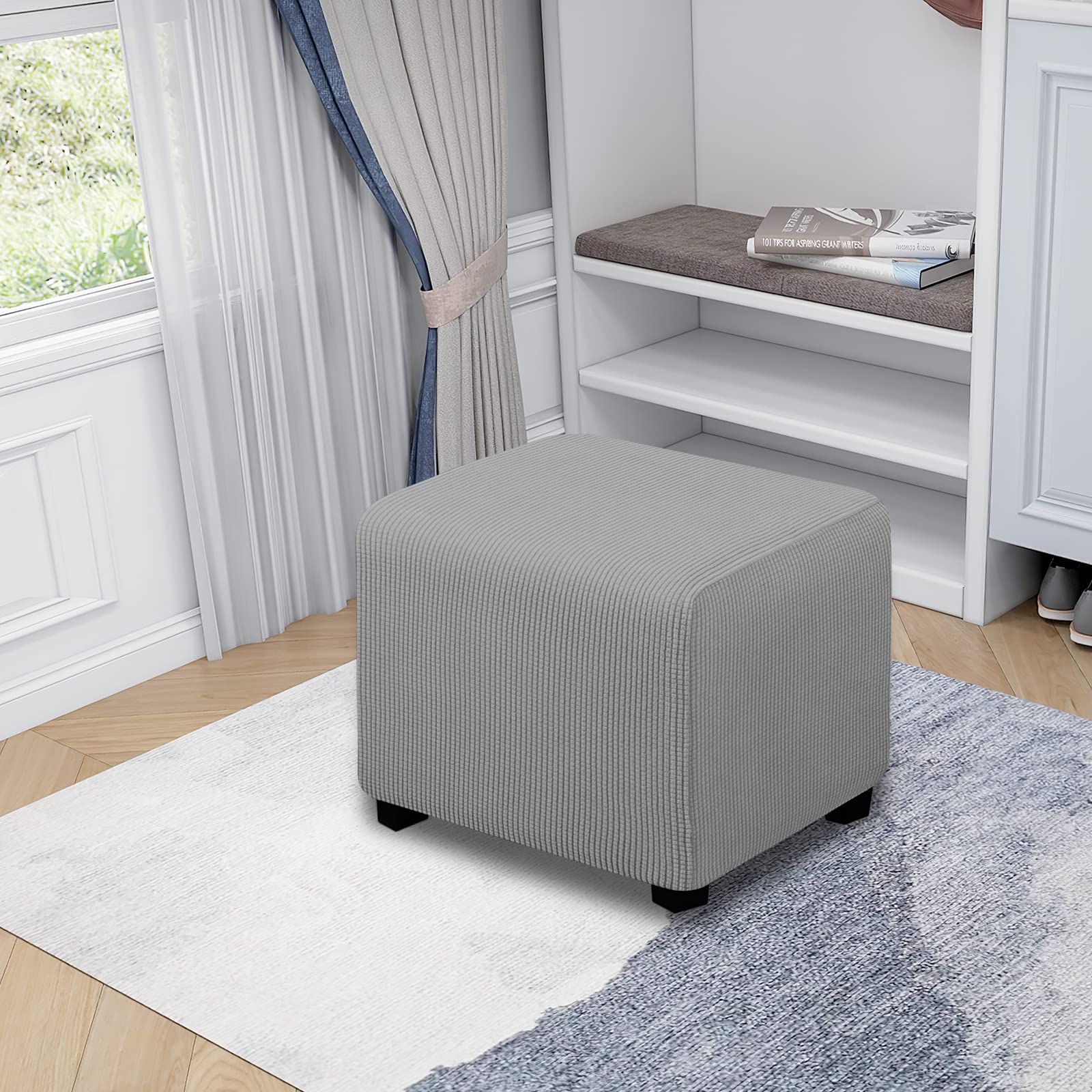 Easy-Going Stretch Ottoman Cover Folding Storage Stool Furniture Protector Soft Rectangle Slipcover With Elastic Bottom (X-Small,Light Gray)