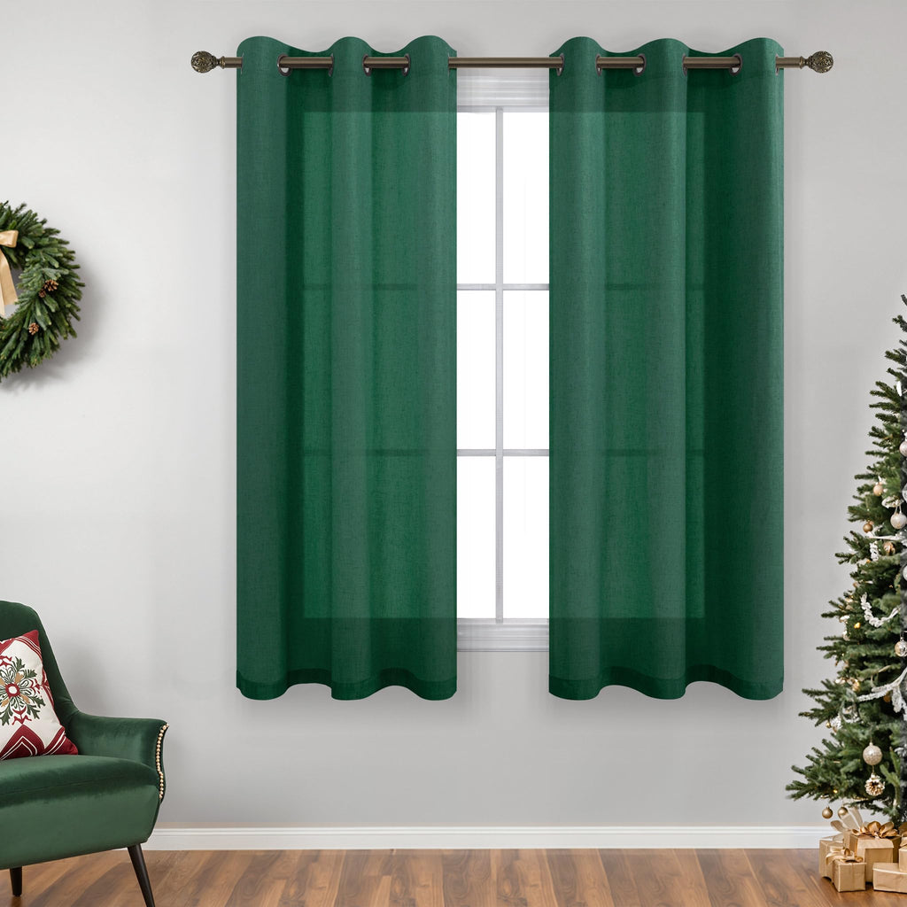 Koufall Dark Emerald Green Short Window Curtains For Bathroom Decor,Linen Sheer Curtains For Bedroom Kitchen,45 Inch Length
