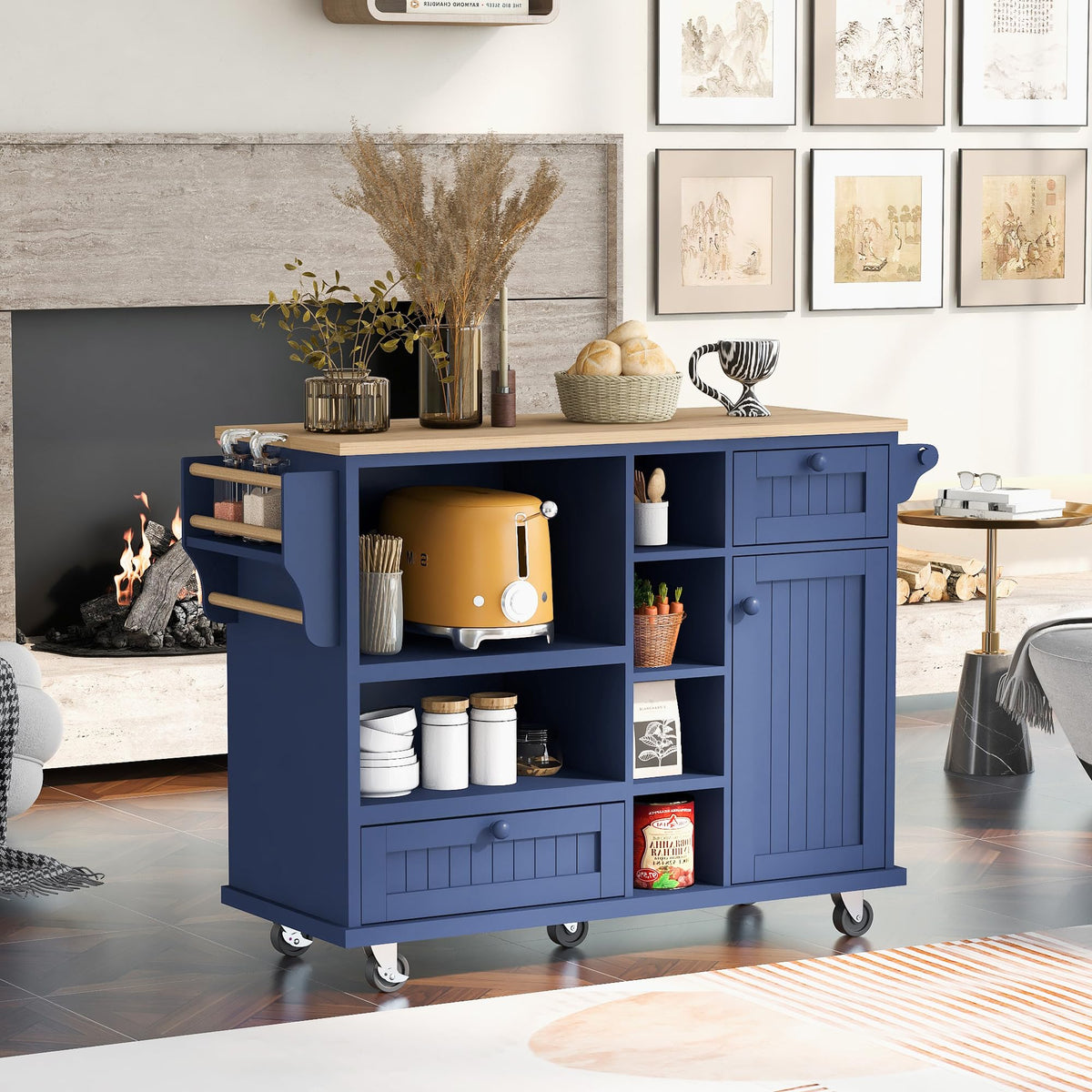 Lumisol Kitchen Island Cart With Solid Wood Top And Storage Cabinet, Mobile Kitchen Cart With Microwave Storage, For Dinning Roo