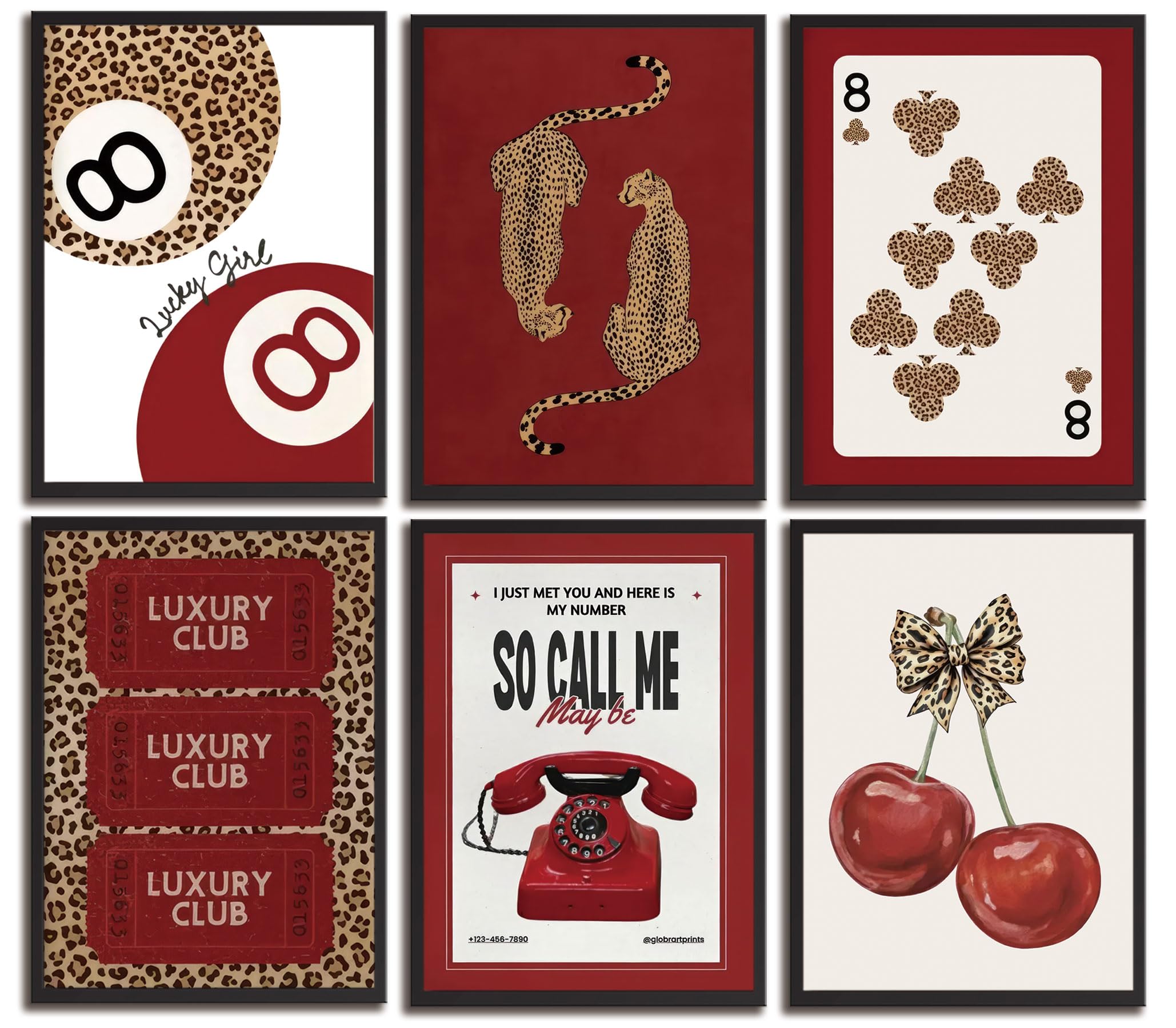 6pcs Trendy Red Leopard Canvas Wall Art Funky Lucky 8 Ball Posters Prints Paintings Preppy Funky Aesthetic Lucky Wall Decor Pict