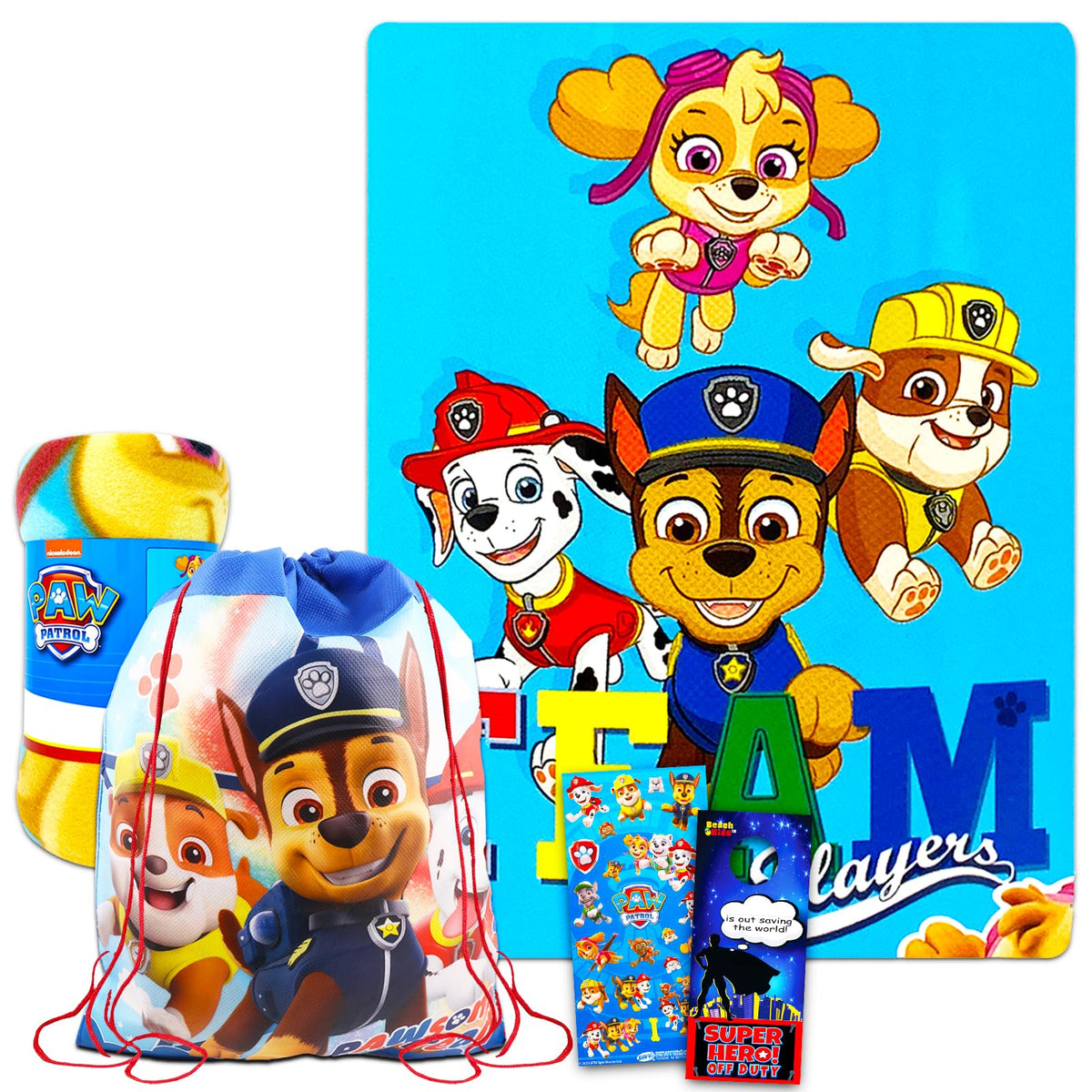 Nick Shop Paw Patrol Sleepover Set For Boys And Girls ~ 5 Pc Bundle With 45 X 60 Inch Fleece Blanket, Tote Bag, Stickers, More B