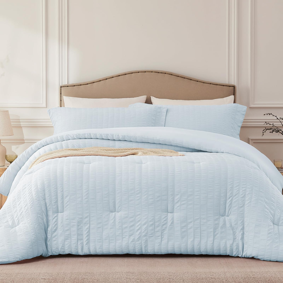 Quataly Skyblue Queen Comforter Set - 3 Pieces Seersucker Lightweight Bedding Comforter Sets (1 Soft Fluffy Comforter & 2 Pillow