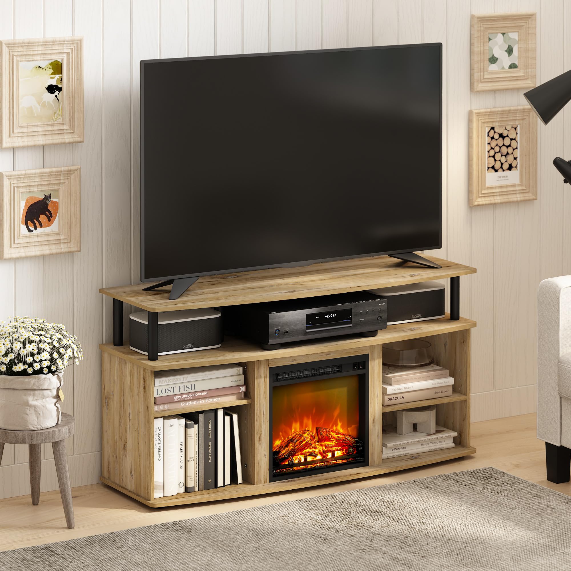 Furinno Jensen Open Shelving Storage Fireplace TV Entertainment Center for TV up to 55 Inch, Flagstaff Oak/Black