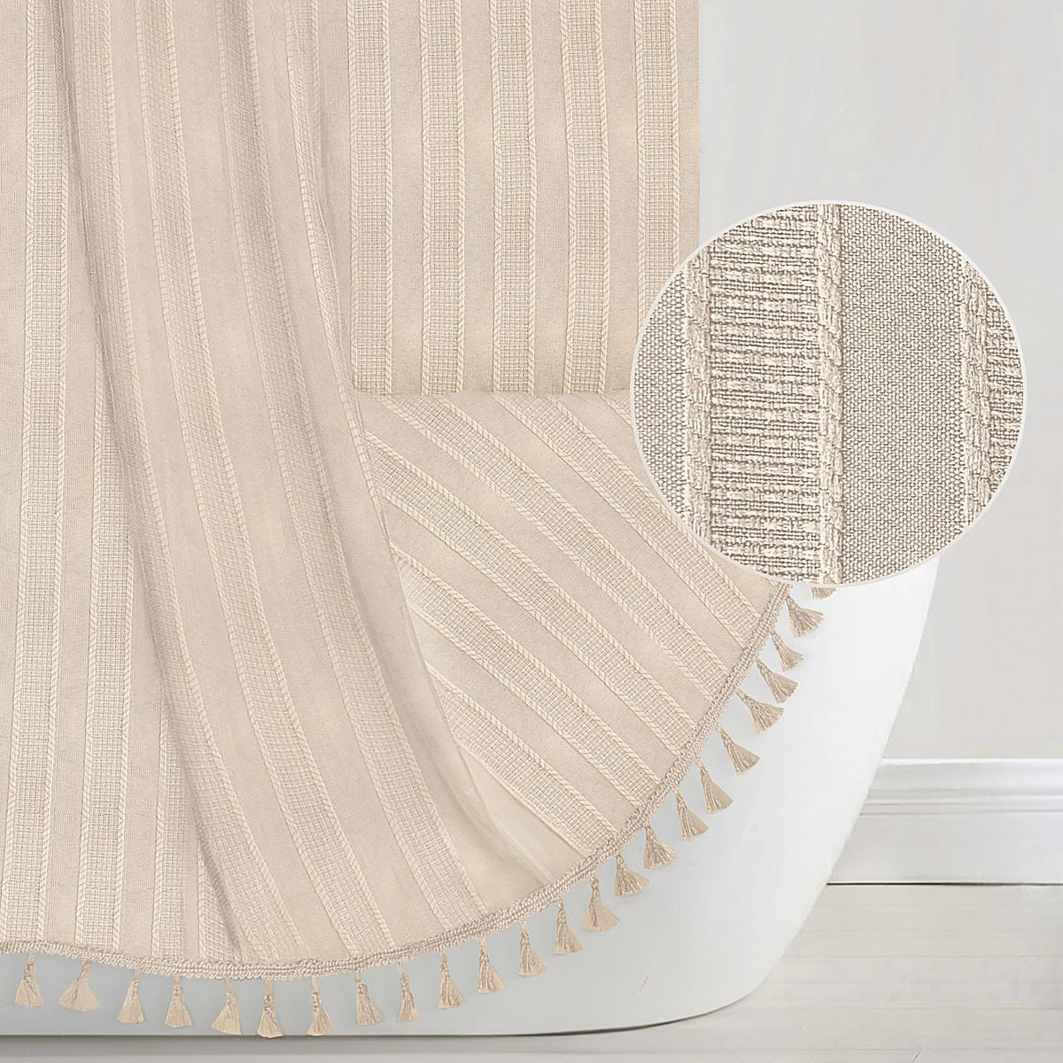 Seasonwood Beige Boho Shower Curtain 72 X 72 Textured Vertical Striped Shower Curtain Bohemian Chic Tassel Neutral Shower Curtai