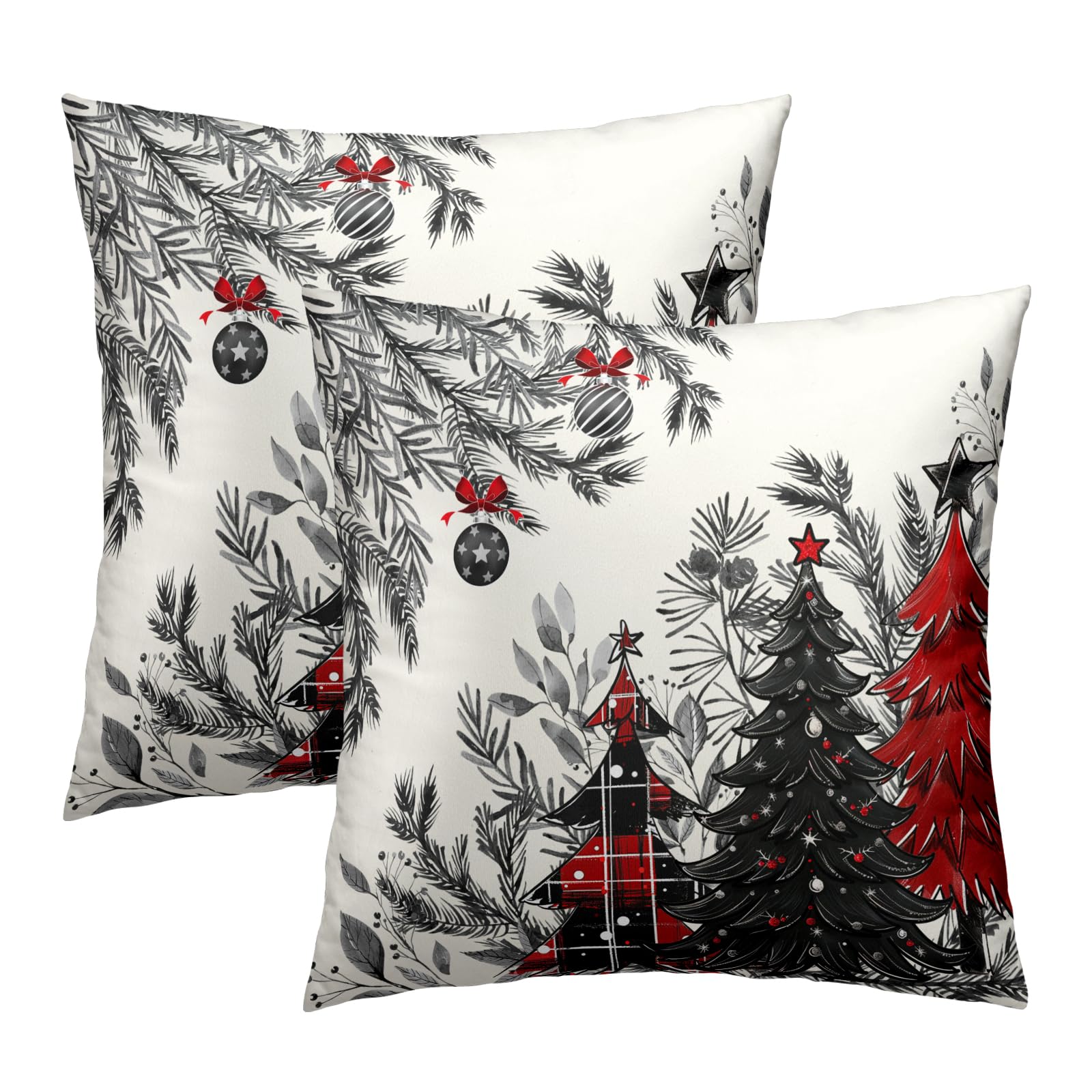 Christmas Tree Throw Pillow Covers 18X18 Set Of 2, Buffalo Plaid Xmas Trees Bells Winter Holiday Decorative Pillow Cases Cotton