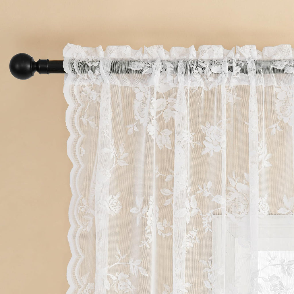 Seekright White Kitchen Curtains 30 Inch Length Rod Pocket Light Filtering Sheer Lace Cafe Curtains 2 Panels Set Modern Floral L
