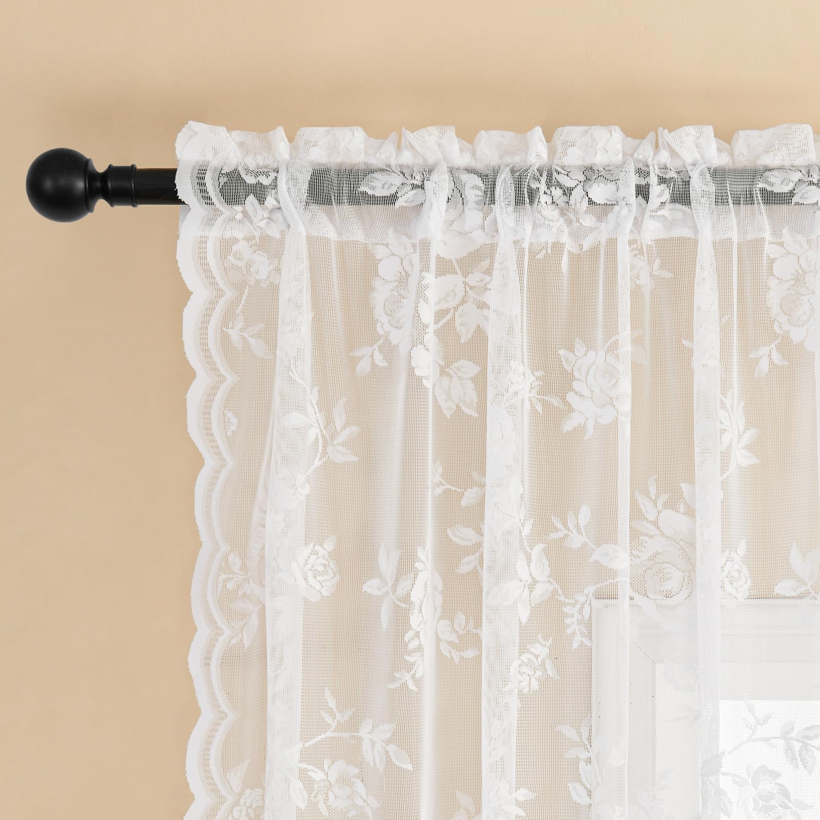Seekright White Kitchen Curtains 30 Inch Length Rod Pocket Light Filtering Sheer Lace Cafe Curtains 2 Panels Set Modern Floral L