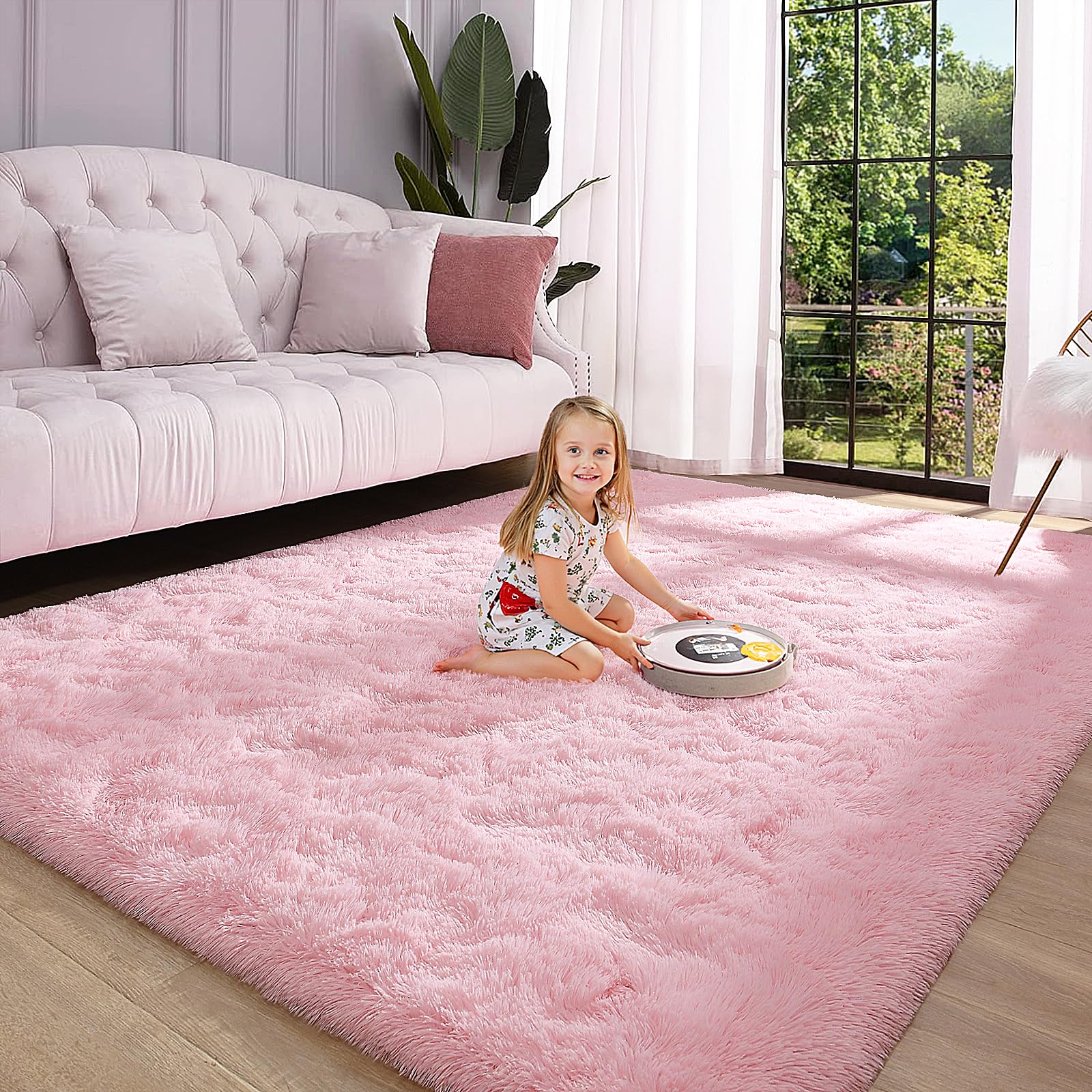 Keeko Area Rugs for Bedroom Living Room, 5.3x7.5 Pink Fluffy Washable Large Area Rug Soft Shag Fuzzy Shaggy Carpet Nursery Dorm 