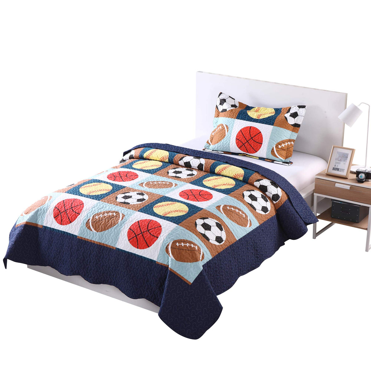 Marcielo 2 Piece Kids Bedspread Quilts Set Throw Blanket For Teens Boys Bed Printed Bedding Coverlet, Twin Size, Blue Basketball