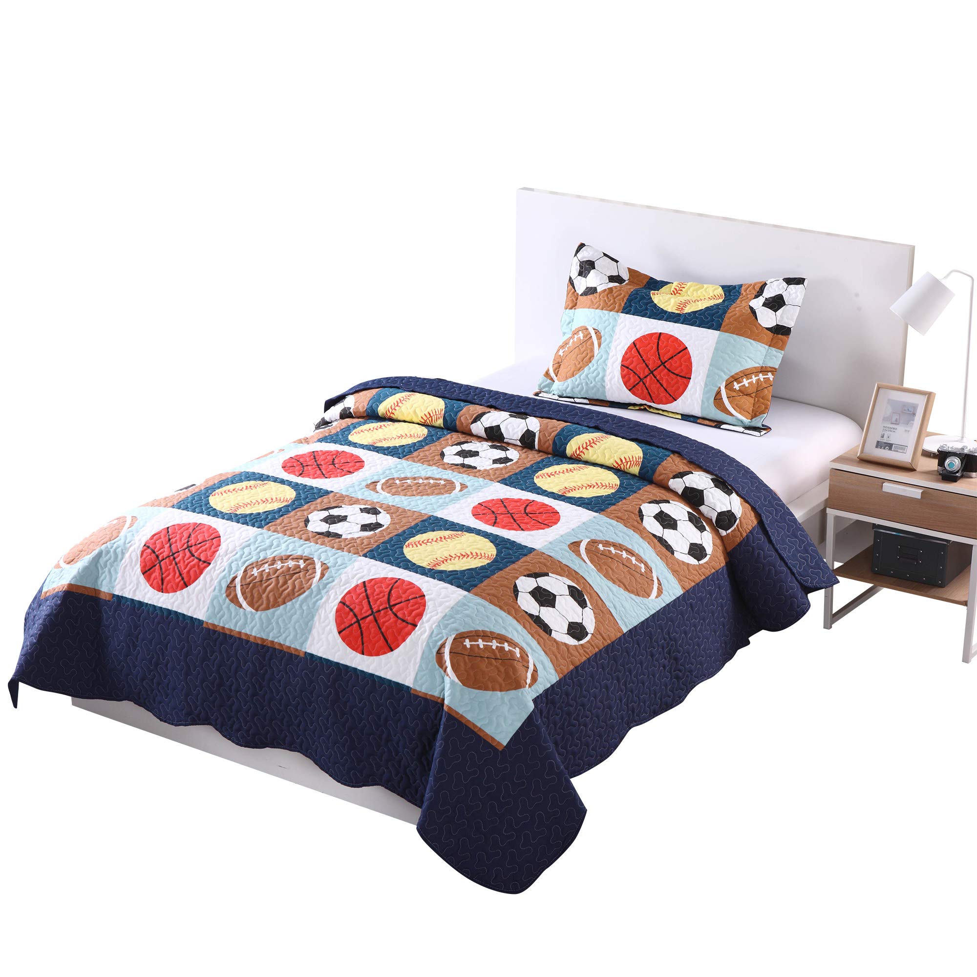 Marcielo 2 Piece Kids Bedspread Quilts Set Throw Blanket For Teens Boys Bed Printed Bedding Coverlet, Twin Size, Blue Basketball