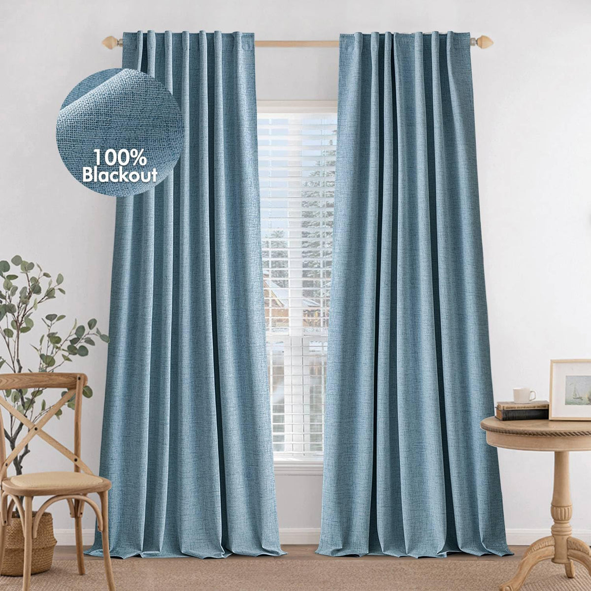 Miulee 100% Blackout Curtains 90 Inches Long Linen Curtains & Drapes For Bedroom Back Tab Living Room Darkening Full Black Out Window Curtain Panels Rod Pocket, Slate Blue, 2 Panels Set