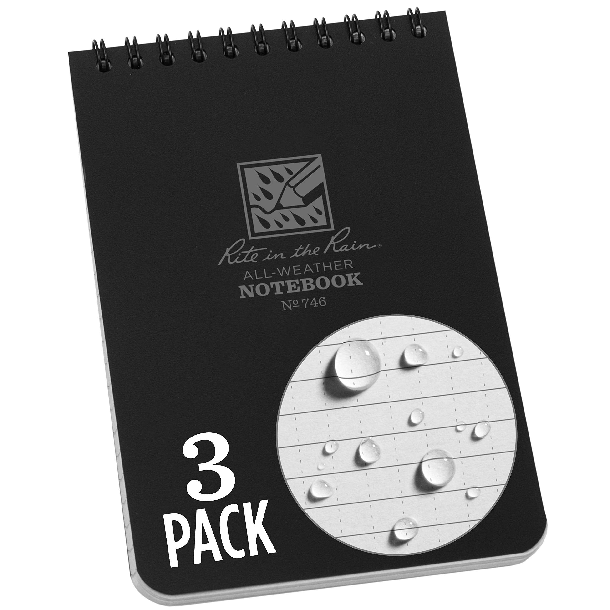 Rite In The Rain Weatherproof Top-Spiral Notebook, 4' X 6', Black Cover, Universal Pattern (No. 746-3), 3 Pack