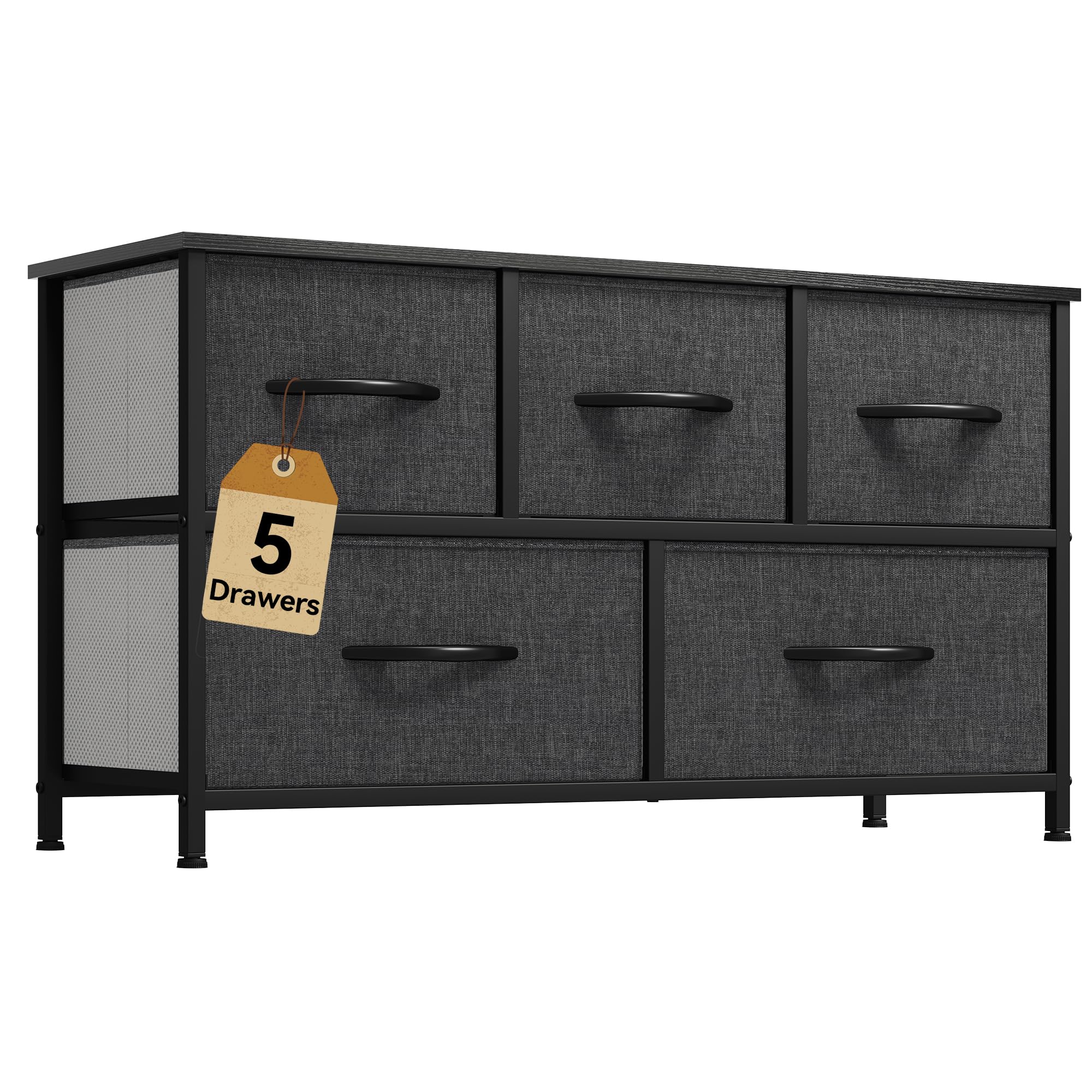 DWVO Dresser with 5 Drawers - Fabric Storage Tower, Black Dresser & Chest of Drawers, Organizer Unit for Bedroom