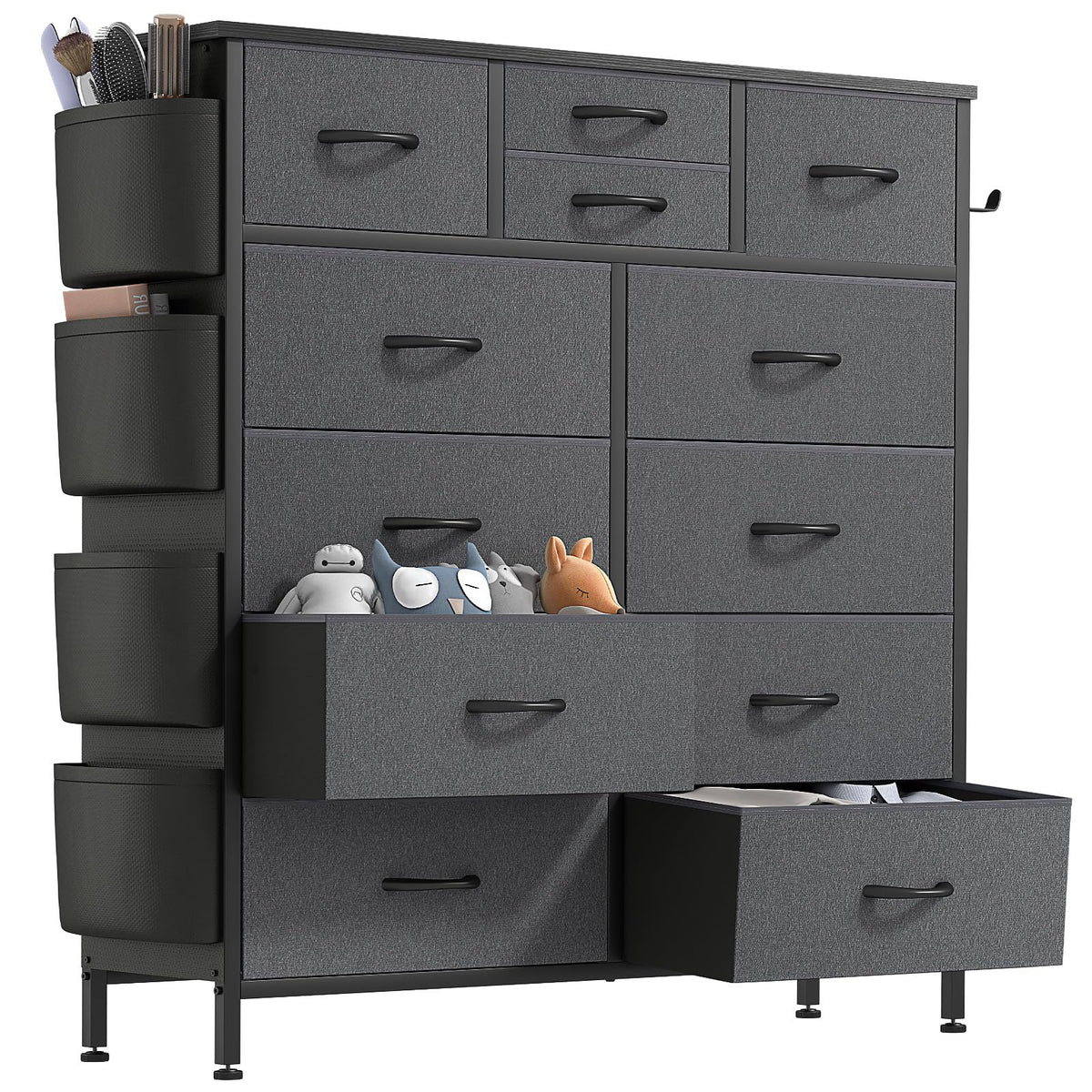 Lulive Dresser For Bedroom With 12 Drawers, Tall Dresser Chest Of Drawers With Side Pockets And Hooks, Fabric Dresser Storage Tower For Closet, Hallway, Living Room (Dark Grey)
