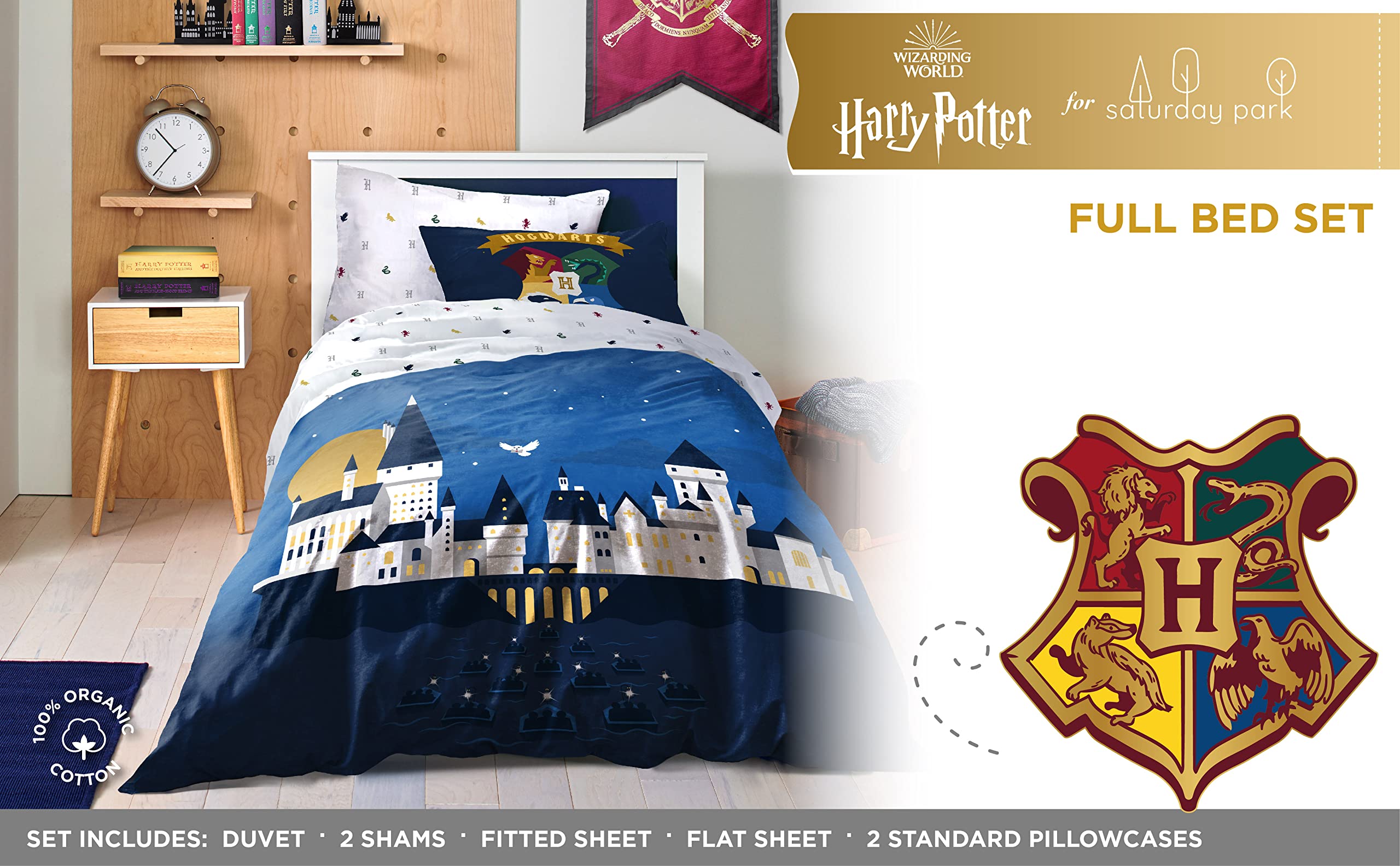 Saturday Park Harry Potter Exploring Hogwarts Full Bed Set - 7 Piece 100% Organic Cotton Bedding - Gots & Oeko-Tex Certified (Ha
