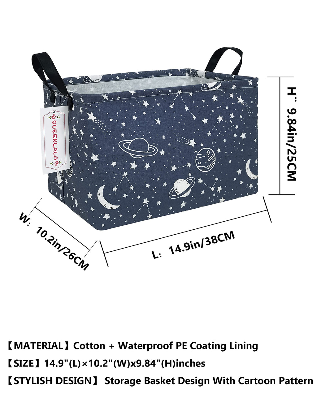 Queenlala Rectangular Laundry Hamper/Foldable Nursery Laundry Basket For Organizing/Storage Bin Baskets/Children Toy Office Bedroom/Toy Bin Closet Shelf Baskets(Rec-Blue-Starry Sky)