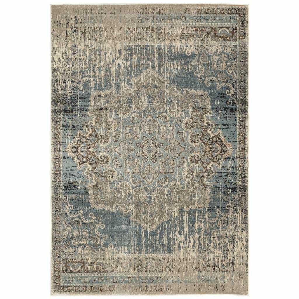 HomeRoots Polypropylene 5’x8’ Blue and Ivory Medallion Area Rug