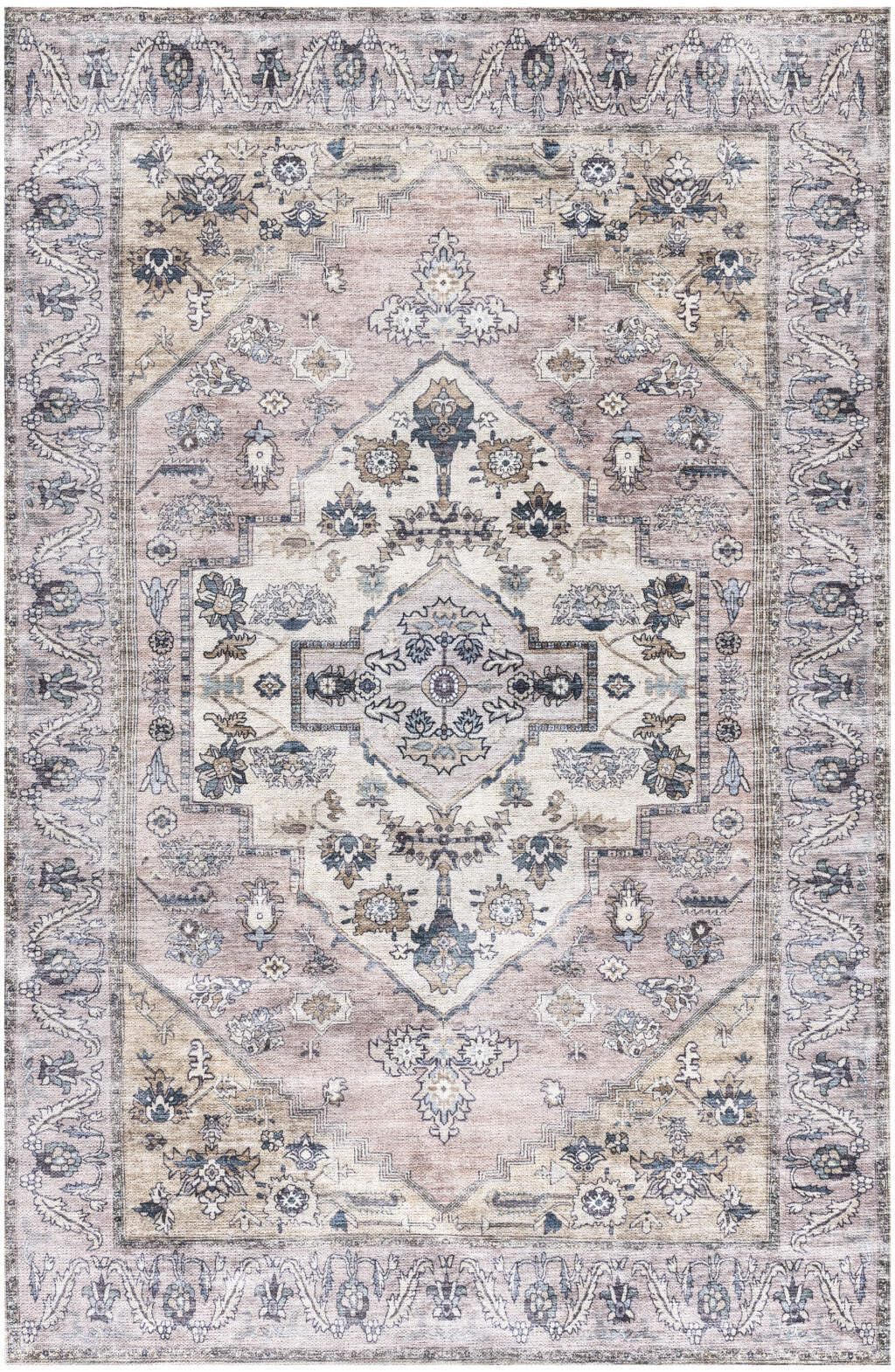 HomeRoots 533295 4 x 6 ft. Pink & Blue Oriental Power Loom Distressed Washable Non Skid Rectangle Area Rug