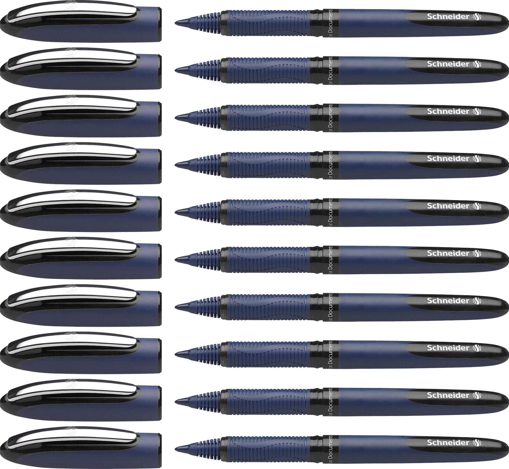 Schneider One Business Rollerball Pen, 0.6 Mm Ultra-Smooth Tip, Blue Barrel, Black Ink, Box Of 10 Pens (183001)