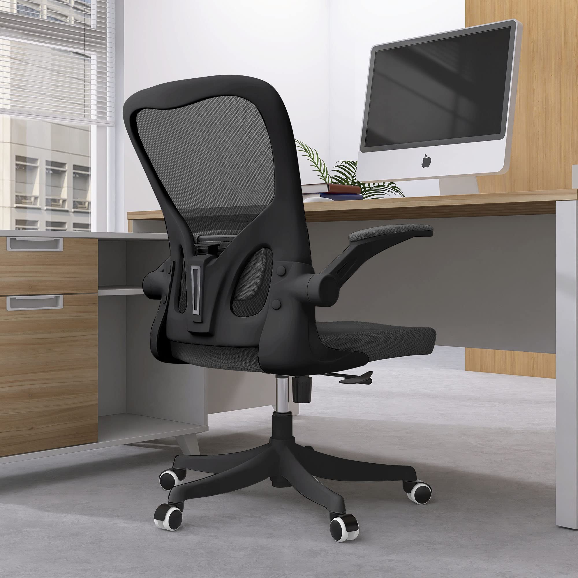 Monhey Ergonomic Office Chair With Lumbar Support, Adjustable Height, 2D Flip-Up Arms, Breathable Black Mesh, Comfortable Desk Chair Chair For Home, Office, Study & Gaming
