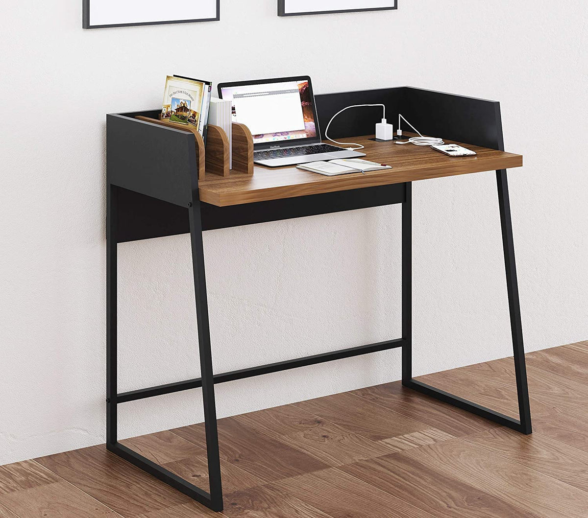 HomeRoots Walnut Metal, Engineered Wood, Wood Contemporary Brown and Black Computer and Writing Desk with USB Port