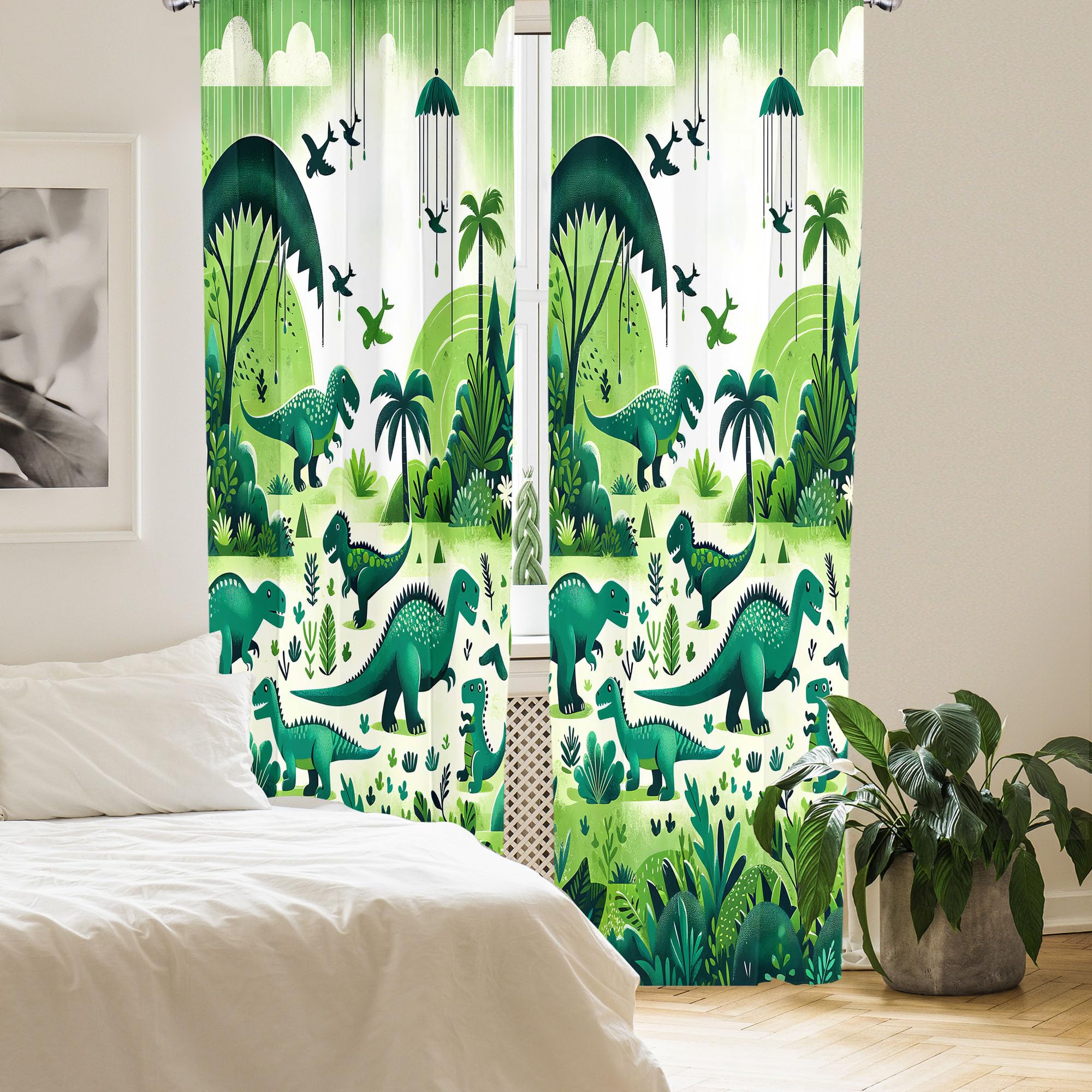 Ambesonne Dinosaur Curtains, Modern Artwork Of Jurassic Scenario With Dino Animals And Wild Jungle, Window Treatments 2 Panel Se