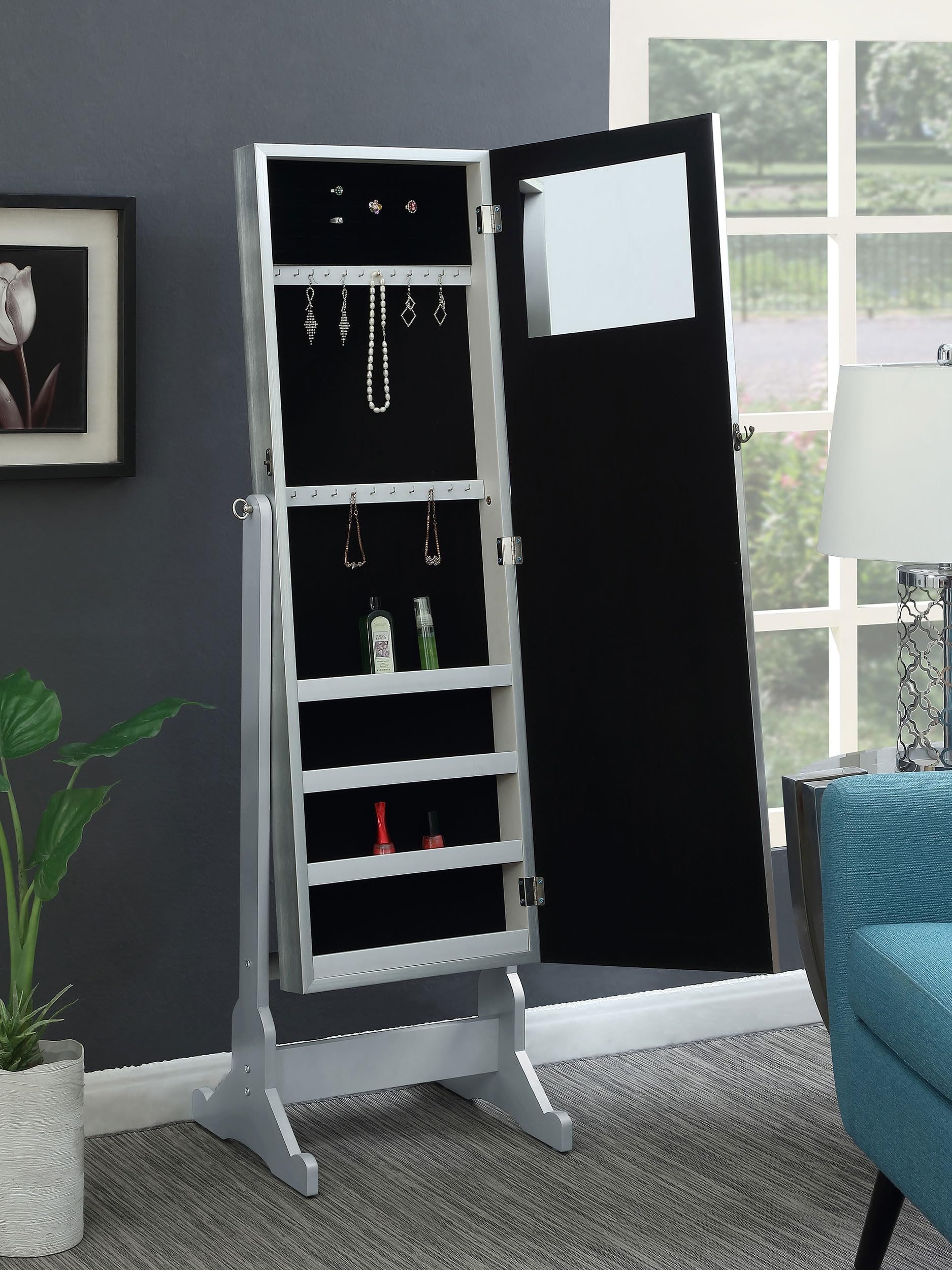 Coaster Home Furnishings Elle Contemporary Rectangular Cheval Mirror with Jewelry Storage Adjustable Bedroom Mirror Jewelry Armoire Silver 902779