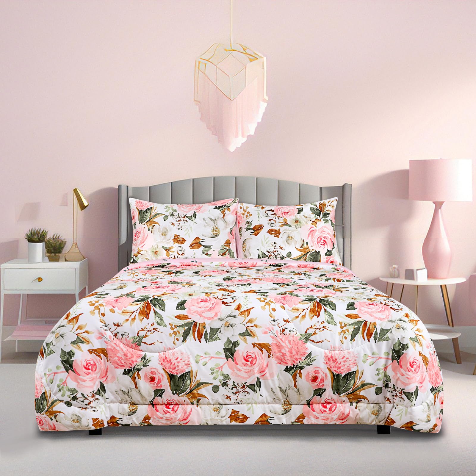 Dilimi Full Size Comforter Set For Girls, 5 Pieces Ultra Soft Pink Floral Reversible Bed Set With Comforter, Flat Sheet, 2 Pillo