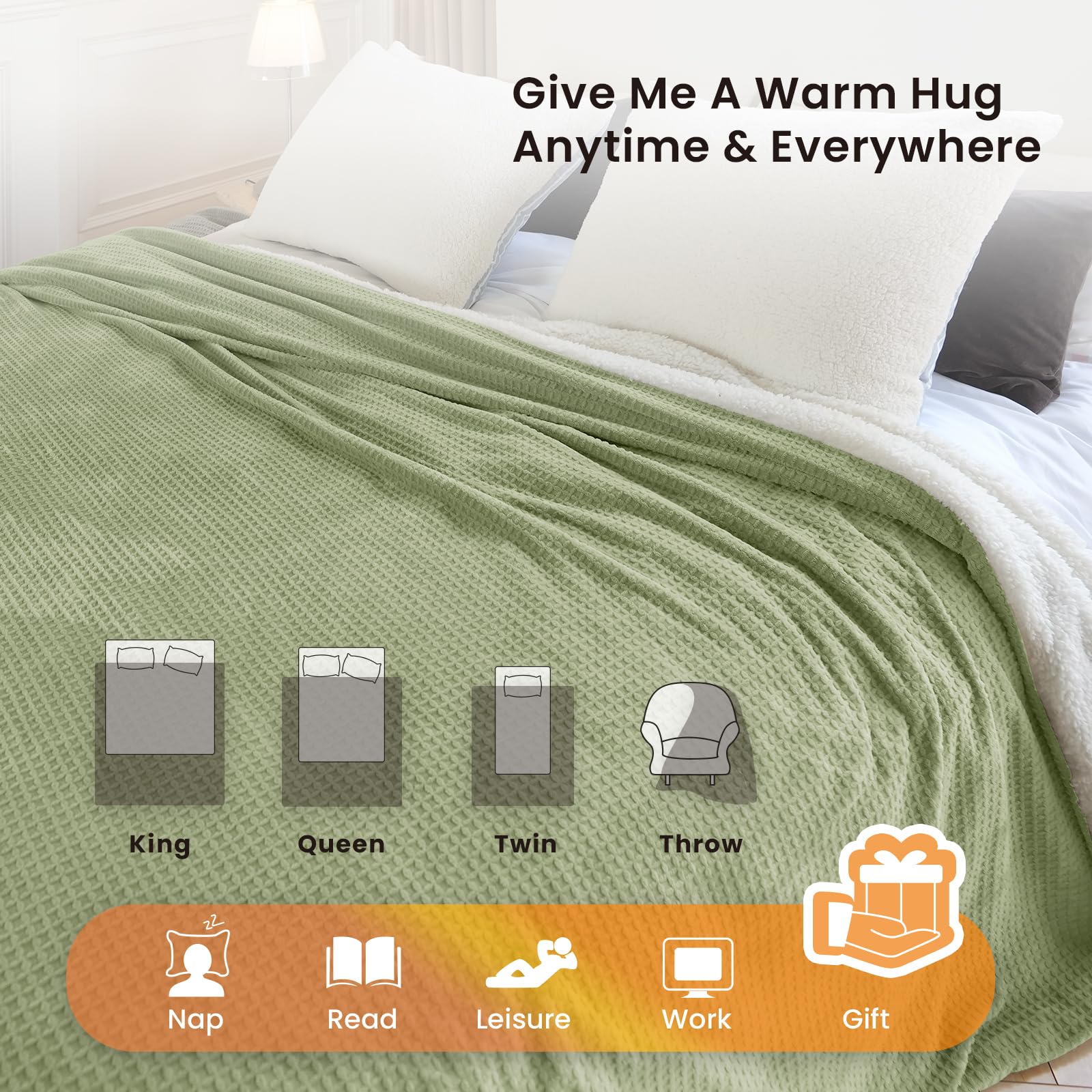 Blunique Heated Blanket Electric Blanket King Waffle, 90X100 Inches Dual Controllers Sherpa Fleece Fast Heating Blanket 6 Heatin