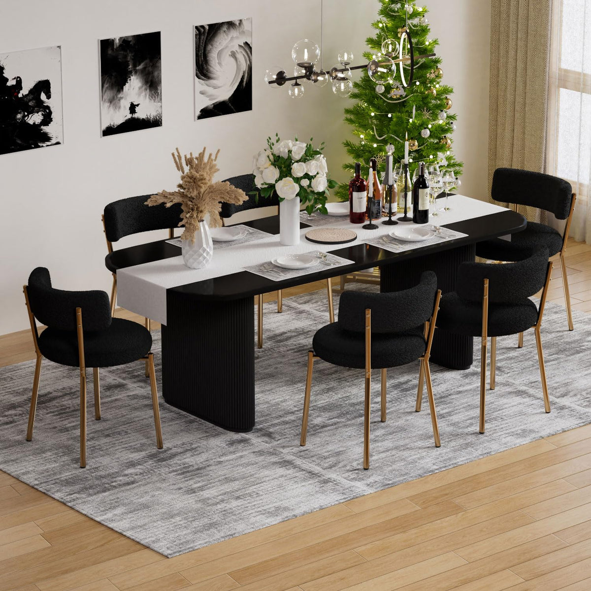 Haizao Modern Dining Chairs Set Of 6, Round Upholstered Boucle Sherpa Dining Chairs, Curved Backrest Kitchen Dining Room Chairs,