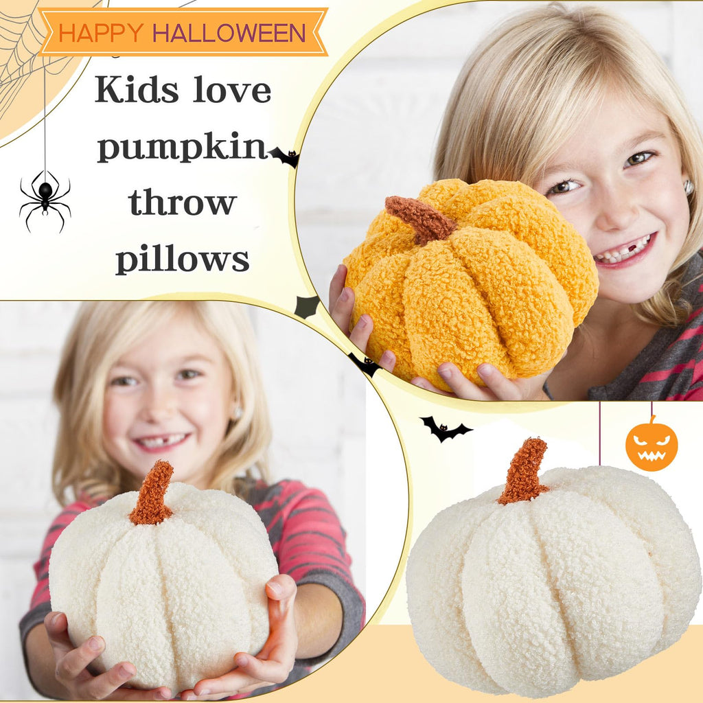 Juexica Halloween Stuffed Pumpkin Fluffy Plush Toy 3D Shaped Decorative Thanksgiving Pillow Soft Cute Throw, 11 Inch, 7 Inch(Whi